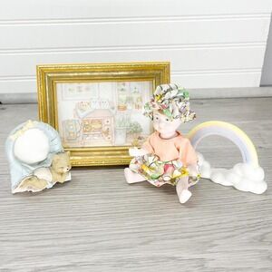 Vintage Nursery Decor Set: Ceramic Rainbow, Teddy Bear Frame, Cat Print